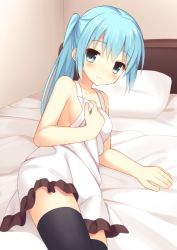 Rule 34 | 1girl, apron, apron grab, arm support, bad id, bad pixiv id, bare arms, bare shoulders, bed, black thighhighs, blue eyes, blue hair, blush, breasts, collarbone, frilled apron, frills, hair between eyes, indoors, long hair, looking at viewer, looking to the side, lying, medium breasts, naked apron, on bed, on side, original, pillow, side ponytail, sideboob, sidelocks, solo, tareme, thighhighs, usagino suzu, white apron