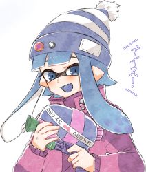Rule 34 | 1girl, akr tmr, blue eyes, blue hair, blue hat, blue tongue, blush, coat, colored tongue, fang, hat, highres, inkling, inkling girl, inkling player character, long hair, long sleeves, looking at viewer, nintendo, open mouth, pointy ears, purple coat, skin fang, smile, solo, splatoon (series), tentacle hair, tongue, translation request, upper body