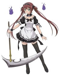 Rule 34 | 1girl, airi (queen&#039;s blade), airi (queen's blade), airi (the infernal temptress), black ribbon, breasts, brown hair, cleavage, female focus, full body, ghost, green eyes, holding, holding weapon, long hair, looking at viewer, maid, maid headdress, queen&#039;s blade, red hair, ribbon, scythe, simple background, solo, standing, thighhighs, twintails, weapon, white background