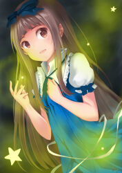 Rule 34 | 1girl, :d, absurdres, bare arms, blue bow, blue dress, blunt bangs, bow, brown eyes, brown hair, chiiririn, commentary request, cowboy shot, dark background, dress, dutch angle, flat chest, frilled shirt collar, frills, glowing, grey background, hair bow, hand on own chest, hands up, highres, long hair, looking at viewer, looking to the side, open mouth, puffy short sleeves, puffy sleeves, short sleeves, sidelocks, simple background, smile, solo, star (symbol), star sapphire, touhou, very long hair