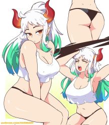 Rule 34 | 1girl, blue hair, breasts, cleavage, closed eyes, dashi (dashiart), earrings, green hair, highres, horns, jewelry, multicolored hair, multicolored horns, multiple views, one piece, open mouth, shirt, simple background, white hair, white shirt, yamato (one piece)