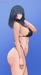 Rule 34 | 1girl, artist name, ass, bikini, black bikini, blue background, blue eyes, blue hair, breasts, byleth (female) (fire emblem), byleth (fire emblem), curvy, fire emblem, fire emblem: three houses, from side, hand in own hair, highleg, highleg bikini, highres, huge ass, kisou (kisou00), large breasts, looking at viewer, medium hair, nintendo, simple background, smile, solo, standing, swimsuit, thick thighs, thighs