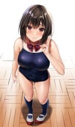 Rule 34 | 1girl, bare arms, bare shoulders, black hair, black one-piece swimsuit, black socks, blush, bow, bowtie, breasts, closed mouth, commentary request, covered navel, from above, full body, highres, light smile, loafers, looking at viewer, medium breasts, medium hair, one-piece swimsuit, original, red eyes, school swimsuit, shadow, shoes, socks, solo, standing, swimsuit, tile floor, tiles, uwabaki, v, white footwear, yukemuriganmo