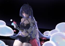 Rule 34 | 1girl, absurdres, acheron (honkai: star rail), armor, black background, black choker, black gloves, black shorts, breasts, chain, choker, cleavage, closed umbrella, coat, commentary, gloves, hair over one eye, halterneck, highres, holding, holding petal, honkai: star rail, honkai (series), large breasts, long hair, looking at viewer, midriff, navel, no noru, petals, purple eyes, purple hair, red umbrella, short shorts, shorts, shoulder armor, single bare shoulder, single sleeve, sitting, solo, umbrella, very long hair, white coat