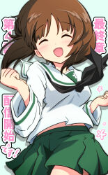Rule 34 | 1girl, black neckerchief, blouse, brown eyes, brown hair, closed eyes, commentary, ehirorotoon, facing viewer, girls und panzer, girls und panzer saishuushou, green skirt, highres, long sleeves, miniskirt, neckerchief, nishizumi miho, ooarai school uniform, open mouth, pleated skirt, sailor collar, school uniform, serafuku, shirt, short hair, skirt, smile, solo, standing, text background, translated, w arms, white sailor collar, white shirt