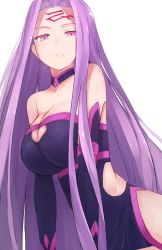 Rule 34 | 10s, 1girl, arm warmers, bare shoulders, black dress, black gloves, breasts, choker, cleavage, cleavage cutout, clothing cutout, collarbone, dress, elbow gloves, facial mark, fate/extella, fate/extra, fate (series), forehead mark, forehead tattoo, gloves, hair intakes, hip vent, large breasts, long hair, looking at viewer, medusa (fate), medusa (rider) (fate), medusa (rider) (third ascension) (fate), parted lips, pen (pen3), pink hair, purple eyes, purple hair, simple background, skin tight, solo, strapless, strapless dress, tattoo, teeth, very long hair, white background