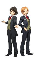 Rule 34 | 2boys, :d, ansatsu kyoushitsu, bad id, bad pixiv id, black footwear, black hair, black jacket, black pants, brown eyes, brown hair, butler, character request, full body, hand on own hip, highres, isogai yuuma, jacket, kyoka0403 1, looking at viewer, maehara hiroto, male focus, multiple boys, necktie, open clothes, open jacket, open mouth, orange eyes, pants, red neckwear, shirt, shoes, simple background, smile, standing, white background, white shirt