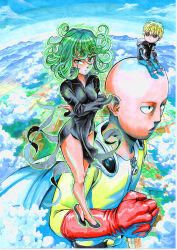 Rule 34 | 1girl, 2boys, absurdres, bald, black dress, black sclera, blonde hair, breasts, chibi, clenched hand, cloud, colored sclera, commentary, crossed arms, cyborg, dress, english commentary, floating, floating clothes, frown, genos, giant, giant male, gloves, green eyes, green hair, groin, highres, jigme tenzin wangchuk, levitation, marker (medium), multiple boys, one-punch man, red gloves, saitama (one-punch man), sitting, sitting on head, sitting on person, small breasts, tatsumaki, telekinesis, traditional media, yellow eyes