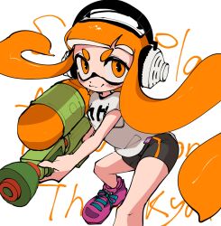 Rule 34 | 1girl, :3, bike shorts, black shorts, closed mouth, headphones, highres, holding, inkling, inkling girl, inkling player character, long hair, nintendo, orange eyes, orange hair, pink footwear, shirt, shoelaces, shoes, short sleeves, shorts, siawase2n, simple background, single vertical stripe, sneakers, solo, splatoon (series), splatoon 1, splattershot (splatoon), split mouth, super soaker, t-shirt, tentacle hair, thank you, v-shaped eyebrows, very long hair, white background, white shirt