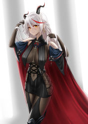 Rule 34 | 1girl, aegir (azur lane), asymmetrical footwear, azur lane, bare shoulders, black cape, black skirt, bodystocking, boots, breast curtains, cape, covered navel, cross, cross-laced clothes, cross earrings, demon horns, earrings, fishnets, hair between eyes, highres, horns, iron cross, jewelry, knee boots, long hair, looking at viewer, microskirt, multicolored hair, naga (pixiv70891418), red cape, red hair, single knee boot, skirt, solo, standing, streaked hair, two-tone hair, underbust, uneven footwear, white hair, yellow eyes