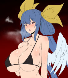Rule 34 | 1girl, angel wings, bare shoulders, bikini, bikini top only, blue hair, blush, breasts, breath, collarbone, dizzy (guilty gear), fuuma (bangolga1), guilty gear, hair between eyes, hair rings, half-closed eyes, hand on own chest, highres, large breasts, long hair, mature female, open mouth, red background, red eyes, ribbon, sagging breasts, sideboob, sidelocks, single wing, skindentation, solo, steam, steaming body, sweat, sweatdrop, swimsuit, twintails, underboob, upper body, wings, yellow ribbon