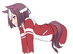 Rule 34 | 1girl, animal ears, brown hair, cropped arms, cropped legs, hachimaki, headband, horse ears, horse girl, horse tail, jacket, leaning forward, long sleeves, multicolored hair, open mouth, pants, purple eyes, red jacket, red pants, short hair, simple background, smile, solo, special week (umamusume), standing, tail, tearing up, tonpuu, track jacket, track pants, track suit, umamusume, white background, white hair, white headband