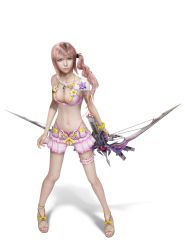 Rule 34 | 10s, 1girl, 3d, absurdres, alternate costume, anklet, armlet, bikini, blue eyes, bow (weapon), breasts, bridal garter, cleavage, crossbow, final fantasy, final fantasy xiii, final fantasy xiii-2, highres, jewelry, long hair, navel, necklace, official art, open shoes, pendant, pink hair, sandals, serah farron, shadow, shorts, side ponytail, simple background, solo, standing, swimsuit, weapon, white background