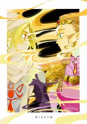 Rule 34 | 2girls, armor, blonde hair, blue eyes, border, commentary, covered mouth, dress, dual persona, earrings, english commentary, english text, highres, jewelry, long hair, looking at another, mask, mouth mask, multiple girls, nintendo, pink dress, pointy ears, princess zelda, profile, red eyes, reverse trap, sheik, sheikah, short hair, shoulder armor, the legend of zelda, the legend of zelda: ocarina of time, tiara, triforce earrings, triforce print, turban, turippy, white border