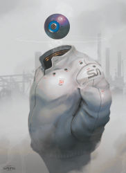 Rule 34 | blurry, blurry background, building, clothed robot, esuthio, floating, grey background, grey sky, highres, jacket, no humans, original, outdoors, overcast, robot, science fiction, sky, skyscraper, standing, watermark, white jacket