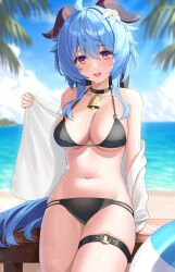 Rule 34 | 1girl, :d, absurdres, ahoge, alternate costume, arm support, bare shoulders, beach, bell, bench, bikini, black bikini, black choker, blue hair, blue sky, blurry, blurry background, breasts, choker, cleavage, cloud, commentary request, cowboy shot, day, depth of field, flower, ganyu (genshin impact), genshin impact, goat horns, gradient eyes, hair flower, hair ornament, halterneck, highres, horns, innertube, large breasts, legs together, long hair, looking at viewer, multi-strapped bikini, multicolored eyes, mutenka (plfgb), navel, neck bell, o-ring, o-ring bikini, ocean, off shoulder, open clothes, open mouth, open shirt, outdoors, palm tree, purple eyes, sand, shirt, sidelocks, sitting, skindentation, sky, smile, solo, stomach, swim ring, swimsuit, thigh strap, thighs, tree, very long hair, water, wet, white shirt