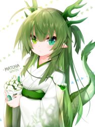 Rule 34 | 1girl, ahoge, antlers, beads, blush, brand name imitation, cappuccino, cup, disposable cup, dragon girl, dragon tail, drink, drinking straw, green eyes, green hair, green tail, hair between eyes, heterochromia, highres, holding, holding cup, horns, japanese clothes, kimono, long hair, looking at viewer, mofuaki, obi, original, parted lips, personification, pointy ears, sash, short eyebrows, slit pupils, solo, starbucks, tail, thick eyebrows, upper body, very long hair, white background, wide sleeves