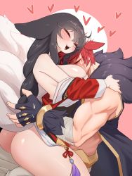 Rule 34 | 1boy, 1girl, absurdres, ahri (league of legends), animal ears, assertive female, bare shoulders, black hair, blush, bottomless, breast smother, breasts, cleavage, face to breasts, facial mark, fox ears, fox tail, heart, highres, hug, huge breasts, large breasts, league of legends, long hair, red hair, sett (league of legends), simple background, smile, smother, tail, white background, yabby