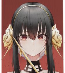 Rule 34 | 1girl, black choker, black hair, border, choker, closed mouth, earrings, flower, hair between eyes, hair flower, hair ornament, hairband, highres, jewelry, looking at viewer, lorian (ahrs3558), pillarboxed, portrait, red background, red eyes, short hair with long locks, sidelocks, solo, spy x family, white border, yellow flower, yellow hairband, yor briar