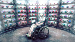 Rule 34 | 1girl, blue flower, commentary request, dress, flower, green eyes, highres, holding, holding flower, kaito (k4itoh), long hair, looking at viewer, pink flower, purple flower, red flower, short sleeves, silver hair, sitting, slippers, smile, solo, vocaloid, wheelchair, white dress, white flower