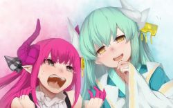 Rule 34 | 2girls, aqua hair, blue eyes, blush, commentary request, crying, elizabeth bathory (fate), elizabeth bathory (fate/extra ccc), elizabeth bathory (second ascension) (fate), fate/grand order, fate (series), green hair, hair between eyes, hair ornament, highres, horns, japanese clothes, kimono, kiyohime (fate), long hair, looking at another, looking at viewer, multiple girls, open mouth, pink hair, pointy ears, tears, terimayo, trembling, yellow eyes