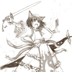 Rule 34 | 1girl, animal ears, cat ears, cat girl, cat tail, cervus, chen, commentary, earrings, fang, female focus, gap (touhou), hat, jewelry, monochrome, multiple tails, short hair, solo, sword, tail, touhou, weapon