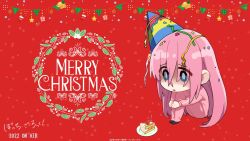Rule 34 | 1girl, artist request, blue eyes, bocchi the rock!, cake, christmas, commentary request, confetti, copyright name, food, full body, gotoh hitori, hair over eyes, hat, highres, hugging own legs, long hair, merry christmas, official art, party hat, pink hair, pink track suit, red background, shaded face, sitting, solo, strawberry cake
