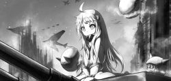Rule 34 | 10s, 1girl, abyssal ship, ahoge, aircraft, airplane, bad id, bad twitter id, bae.c, boyogo, greyscale, horns, kantai collection, long hair, mittens, monochrome, northern ocean princess, sitting, sky, solo, turret, wariza