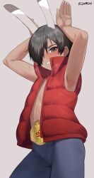 Rule 34 | 1boy, animal ears, armpits, arms up, bare arms, belt buckle, blush, breath, buckle, commentary request, cowboy shot, dark-skinned male, dark skin, embarrassed, g1 (jjw00123), grey background, grey eyes, hair over one eye, highres, ikezawa kazuma, looking down, male focus, open clothes, open vest, pants, parted lips, rabbit ears, rabbit pose, red vest, short hair, solo, summer wars, vest