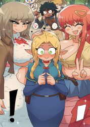 Rule 34 | !, 2boys, 3girls, angry, animal, animal ears, armor, belt, bird, black hair, blonde hair, blue capelet, blue dress, blue skirt, blush, breasts, brown belt, brown hair, brown jacket, capelet, choker, cleavage, closed eyes, collarbone, crossover, dress, dungeon meshi, elf, falin touden, fang, green eyes, grey shirt, hair ornament, headpat, heart, holding, jacket, kabru, knife, laios touden, lamia, large breasts, long hair, long sleeves, marcille donato, medium breasts, midriff, miia (monster musume), monster girl, monster musume no iru nichijou, multiple boys, multiple girls, navel, open mouth, pants, pointy ears, red hair, shirt, short hair, short sleeves, skirt, smile, sparkle, spoken heart, spoken sparkle, standing, sweat, tied shirt, tony welt, torn clothes, torn dress, white dress, wide hips, yellow eyes, yellow shirt