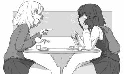 Rule 34 | ..., andou (girls und panzer), arguing, bc freedom school uniform, closed mouth, commentary request, cup, dark skin, eating, fork, from side, frown, girls und panzer, greyscale, half-closed eyes, head rest, highres, holding, holding fork, looking at another, medium hair, monochrome, open mouth, oshida (girls und panzer), partial commentary, pointing, pointing at another, renshiu, school uniform, shout lines, sitting, spoken ellipsis, table