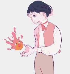 Rule 34 | 1boy, 1other, black hair, blue eyes, bob cut, calcifer, fire, grey background, grey pants, hair between eyes, howl (howl no ugoku shiro), howl no ugoku shiro, long sleeves, looking at viewer, male focus, matatatatabi, neck ribbon, open mouth, pants, parted lips, puffy long sleeves, puffy sleeves, red ribbon, red vest, ribbon, shirt, short hair, vest, white shirt, wide-eyed
