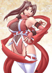 Rule 34 | 1girl, adapted costume, alternate costume, breasts, cameltoe, cleft of venus, fatal fury, fishnet top, fishnets, huge breasts, kenix, leotard, leotard under clothes, ninja, nipples, scarf, shiranui mai, sideboob, snk, solo, the king of fighters, thighhighs