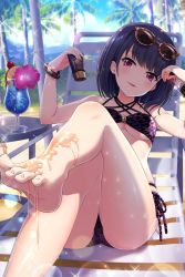 Rule 34 | 1girl, alternative girls, ass, bikini, black hair, chair, drink, eyewear on head, feet, highres, ice, ice cube, liquid, looking at viewer, official art, onitsuka chiho, open mouth, palm tree, red eyes, short hair, solo, sunglasses, sunlight, swimsuit, table, toes, tree, tropical drink
