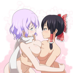 Rule 34 | 2girls, black eyes, black hair, blue eyes, bow, breast press, breasts, cato (monocatienus), commentary request, eye contact, hair bow, hair tubes, hakurei reimu, hug, large breasts, letty whiterock, light purple hair, looking at another, medium hair, multiple girls, naked scarf, navel, nude, scarf, simple background, symmetrical docking, touhou, white scarf, yuri