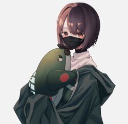 Rule 34 | 1girl, black mask, brown eyes, brown hair, grey background, highres, holding, holding stuffed toy, hood, hood down, hyuuga (kancolle), kantai collection, kazeshio, looking at viewer, mask, mouth mask, short hair, simple background, sleeves past fingers, sleeves past wrists, solo, stuffed toy, turtleneck, upper body