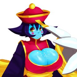 Rule 34 | 1girl, aqua skin, bad id, bad tumblr id, blue skin, blush stickers, breasts, chinese clothes, claws, cleavage, cleavage cutout, clothing cutout, colored skin, cum, cum on body, cum on breasts, cum on upper body, facial, flipped hair, huge breasts, jiangshi, lei lei, mato spectoru, ofuda, purple hair, short hair, solo, surprised, upper body, vampire (game), white background, yellow eyes