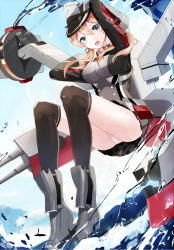 Rule 34 | 10s, 1girl, ass, bad id, bad pixiv id, blonde hair, green eyes, hat, kantai collection, long hair, looking at viewer, mamenomoto, military, military uniform, open mouth, panties, pleated skirt, prinz eugen (kancolle), skirt, solo, underwear, uniform, water, white panties