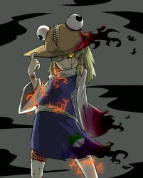 Rule 34 | 1girl, black sclera, blonde hair, blood, colored sclera, dress, female focus, frog, frown, glowing, glowing eyes, hat, highres, moriya suwako, nicetack, one eye closed, scar, skirt, solo, stitches, thighhighs, touhou, white thighhighs, wink, yellow eyes, zombie