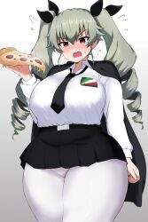 Rule 34 | 1girl, amogan, anchovy (girls und panzer), anzio school uniform, arm at side, belt, blush, breasts, commentary request, drill hair, fat, food, girls und panzer, gradient background, green hair, grey background, hair between eyes, highres, holding, holding food, large breasts, long hair, long sleeves, looking at viewer, necktie, open mouth, pantyhose, pizza, plump, red eyes, school uniform, shirt, skirt, solo, sweatdrop, thick thighs, thighs, twin drills, twintails, white shirt, wide hips