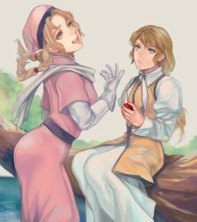 Rule 34 | 2girls, blonde hair, braid, brigandine, closed mouth, dress, gloves, hat, lips, long hair, looking at viewer, multiple girls, no ren, open mouth, sitting, smile, twin braids, white gloves