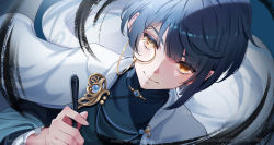 Rule 34 | 1boy, alternate costume, asymmetrical bangs, blue hair, blush, cape, closed mouth, commentary, dark blue hair, eyelashes, genshin impact, highres, holding, holding brush, instagram username, japanese clothes, light blush, looking at viewer, male focus, mihan77108047, monocle, pixiv id, smile, solo, twitter username, white cape, xingqiu (aoi no okina) (genshin impact), xingqiu (genshin impact), yellow eyes