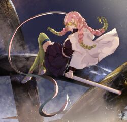 Rule 34 | 1girl, absurdres, belt, black jacket, black skirt, branch, breasts, closed mouth, collared jacket, commentary, dark background, demon slayer uniform, dizzen, full body, gradient hair, green eyes, green hair, green thighhighs, haori, highres, holding, holding sheath, holding sword, holding weapon, jacket, japanese clothes, kanroji mitsuri, kimetsu no yaiba, large breasts, long hair, long sleeves, looking at viewer, mole, mole under eye, multicolored hair, multiple moles, partially unbuttoned, pink hair, sheath, signature, skirt, solo, sword, thighhighs, tri braids, weapon, whip sword, white belt