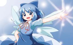 Rule 34 | 1girl, blue eyes, blue hair, bow, cirno, dress, embodiment of scarlet devil, female focus, gradient background, hair bow, kotorimax, matching hair/eyes, short hair, solo, touhou, wings