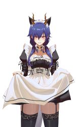 Rule 34 | 1girl, absurdres, alternate costume, arknights, black thighhighs, blue hair, blush, breasts, ch&#039;en (arknights), clenched teeth, clothes lift, dragon horns, dress, dress lift, enmaided, garter straps, highres, horns, long hair, looking at viewer, low twintails, maid, maid headdress, medium breasts, puffy sleeves, rasipan, red eyes, simple background, solo, teeth, thighhighs, twintails, white background