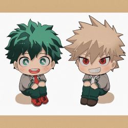 Rule 34 | 2boys, bakugou katsuki, blonde hair, boku no hero academia, bright pupils, brown footwear, chibi, collared shirt, commentary request, freckles, gaagyeo, green eyes, green hair, green pants, grey jacket, grin, hands on own knees, highres, jacket, knees up, korean commentary, letterboxed, long sleeves, looking at viewer, male focus, midoriya izuku, multiple boys, necktie, open mouth, pants, red eyes, red footwear, red necktie, school uniform, shirt, shoes, short hair, simple background, smile, spiked hair, standing, teeth, u.a. school uniform, white background, white pupils, white shirt