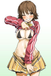 Rule 34 | 10s, 1girl, bikini, black bikini, blush, breasts, brown eyes, brown hair, cleavage, clothes lift, clothes pull, gradient background, grin, honda mio, hood, hooded track jacket, idolmaster, idolmaster cinderella girls, jacket, lifted by self, looking at viewer, navel, one eye closed, pija (pianiishimo), pulled by self, school uniform, shirt lift, short hair, skirt, skirt pull, smile, solo, stomach, swimsuit, track jacket