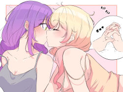 Rule 34 | 2girls, absurdres, alternate costume, bare shoulders, blonde hair, blush, border, breasts, camisole, closed eyes, commentary request, earclip, earrings, gradient hair, green eyes, highres, holding hands, hololive, jewelry, kiss, long hair, looking at another, momosuzu nene, multicolored hair, multiple girls, okome 0628, orange border, outside border, pink hair, purple hair, sidelocks, simple background, single off shoulder, small breasts, surprise kiss, surprised, tokoyami towa, upper body, virtual youtuber, wide-eyed, yuri
