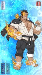 Rule 34 | 1boy, abs, bandages, bandaged arm, bandaged foot, bandaged foot, bandages, bara, black hair, bulge, burnt clothes, dark-skinned male, dark skin, dougi, facial hair, flaming eye, flaming hand, full body, gomtang, jacket, jacket on shoulders, large pectorals, long sideburns, male focus, mature male, muscular, muscular male, open clothes, open shirt, original, pants, pectoral cleavage, pectorals, short hair, sideburns, solo, stubble, thick thighs, thighs, tight clothes, tight pants, tokyo houkago summoners, torn clothes, torn pants