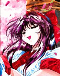 Rule 34 | 1girl, ainu clothes, breasts, cherry blossoms, closed eyes, hair ribbon, highres, legs, long hair, medium breasts, nakoruru, official art, open mouth, pants, purple hair, ribbon, samurai spirits, sitting, smile, snk, solo, the king of fighters, thighs
